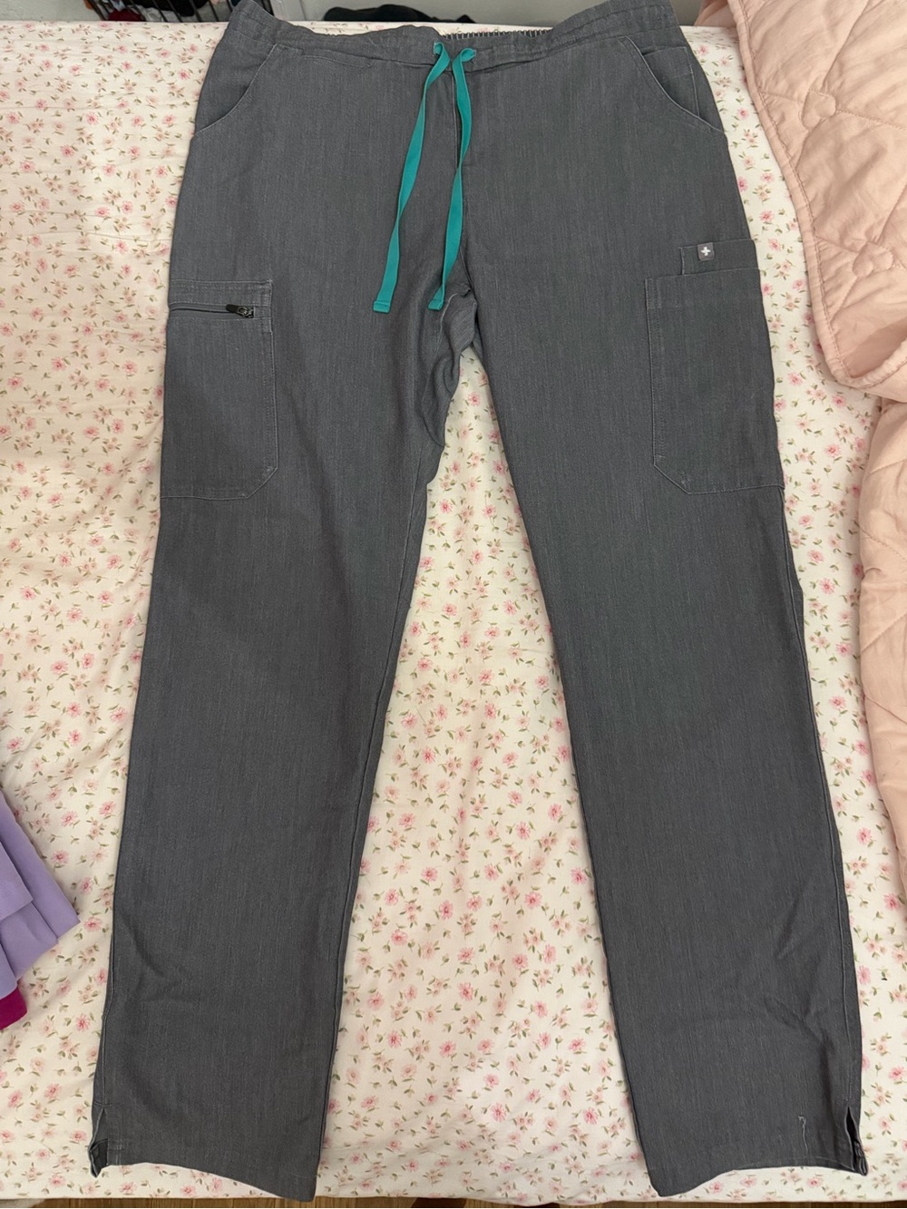 Figs Gray Cargo Scrub Pants with Teal Drawstring